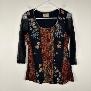 EDISTA Women's Vintage Y2K Sheer Lace Sleeve Embellished Scoop Neck Top Size L